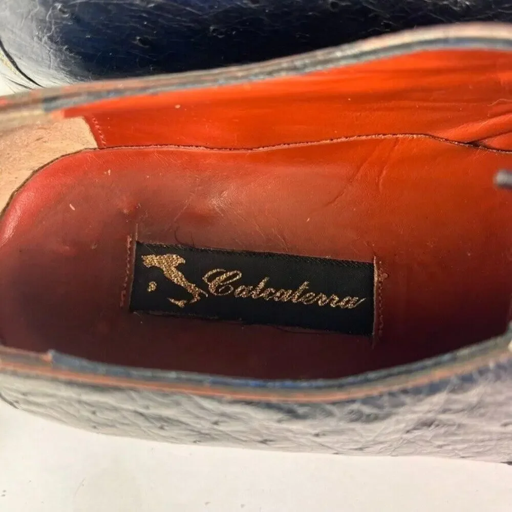 Calcaterra Shoes Mens 9 D Ostrich Dark Blue Leather Oxfords Lace Up Moc Toe